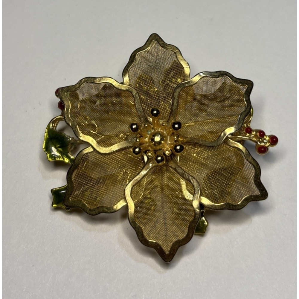 Kenneth Cole Gold Tone Mesh Poinsettia Flower Brooch Red Green Holiday 2"